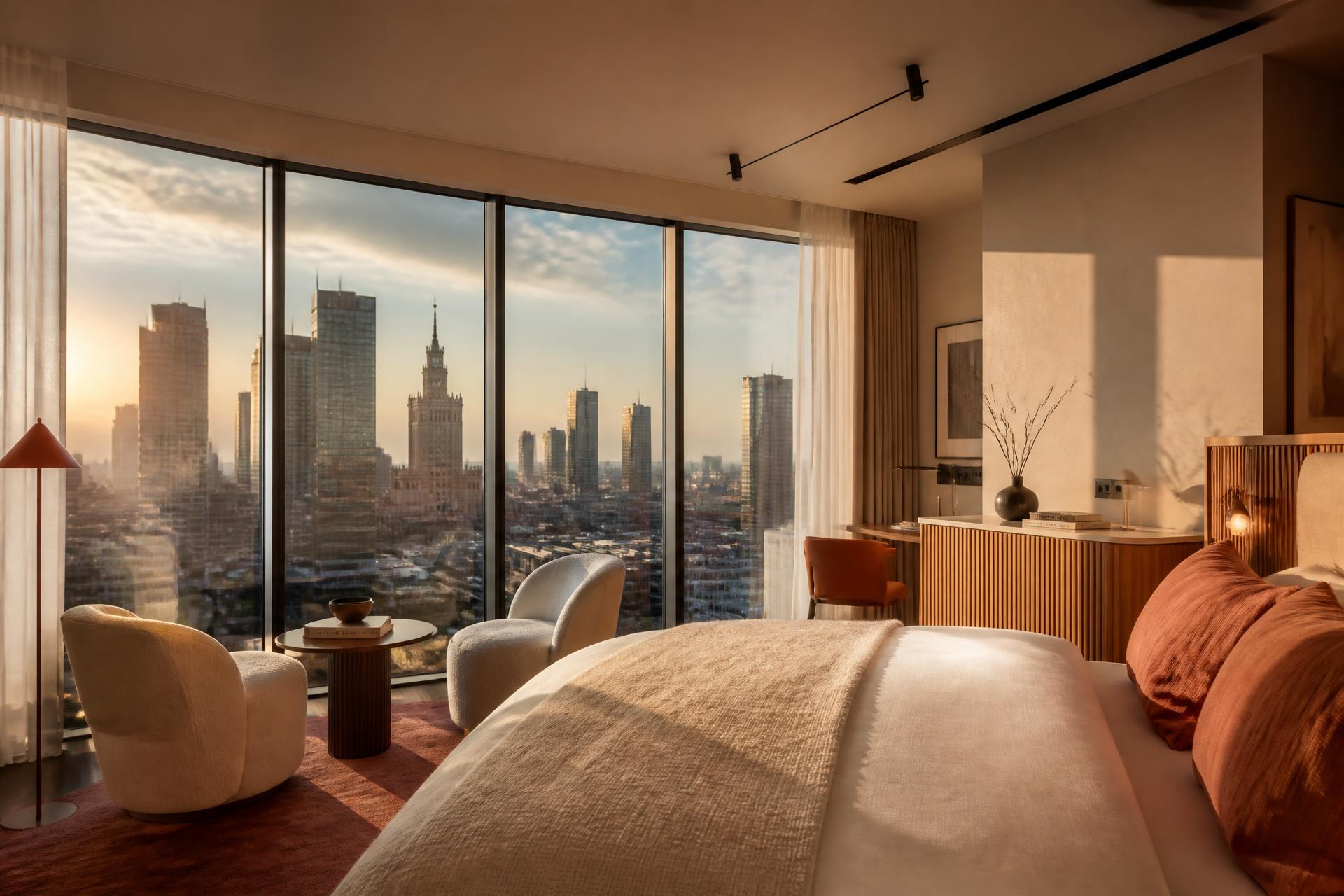 Pokój hotelowy z panoramicznymi oknami i widokiem na panoramę Warszawy o zachodzie słońca