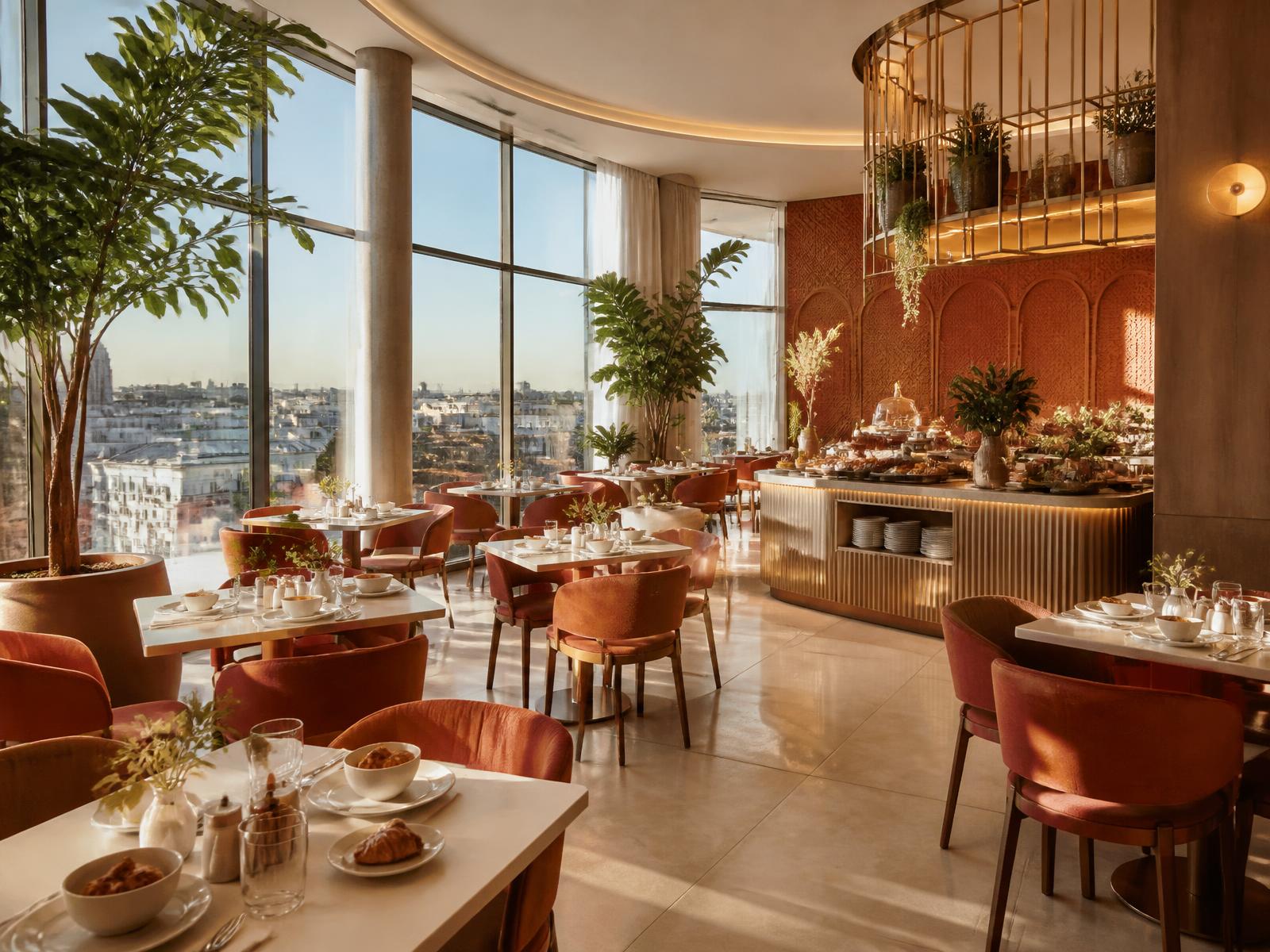 Panoramiczna restauracja śniadaniowa na 7. piętrze z widokiem na miasto